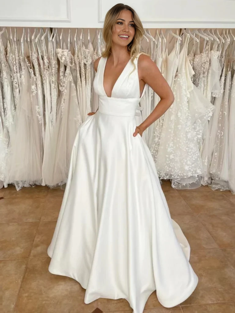 Vestidos de fiesta largos de satén blanco con escote en V y corte A, vestidos de noche formales, vestidos de novia